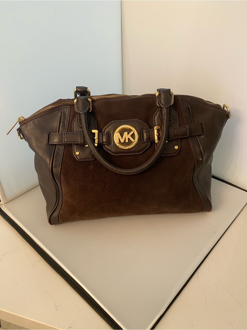 Michael Kors Hudson Dark Brown Suede & Leather Satchel with Gold Hardware
